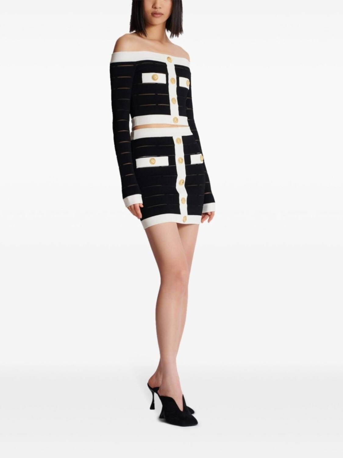 Balmain трикотажная юбка мини с декоративными пуговицами, черный — фото 3