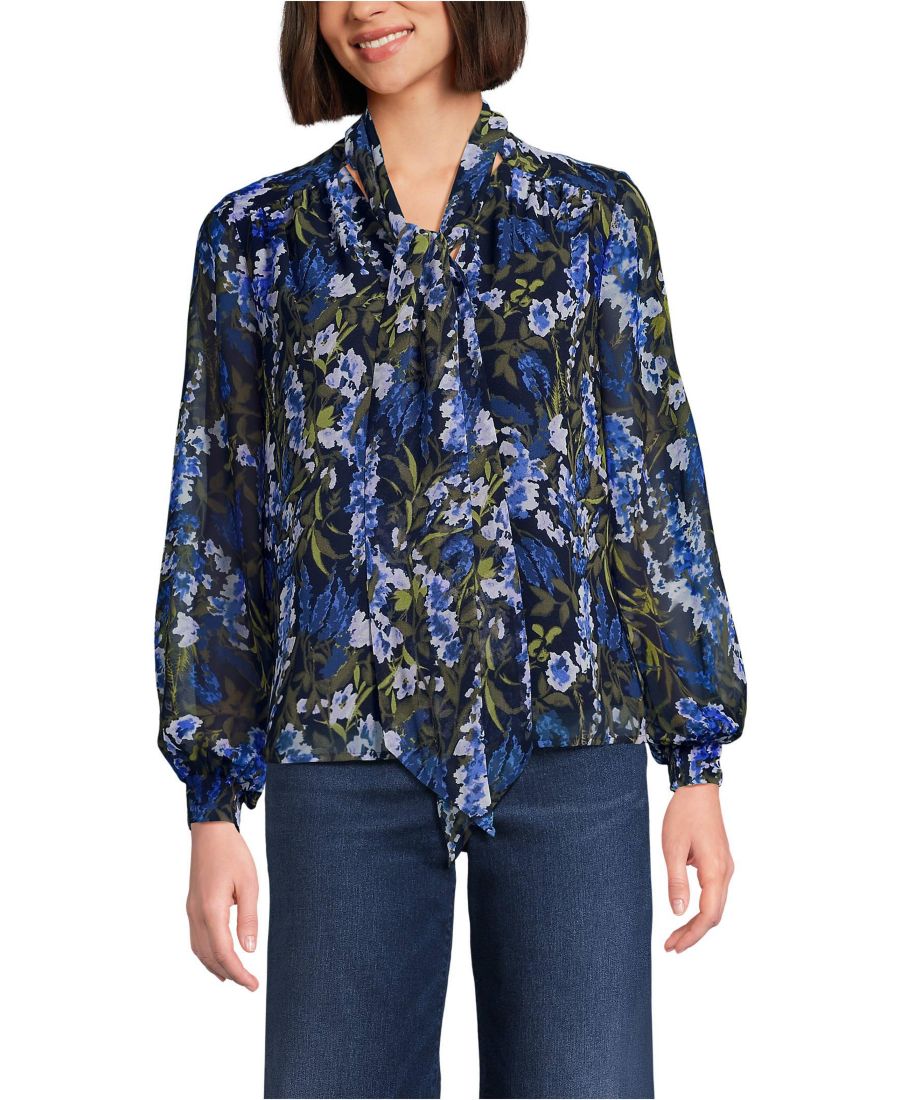 

Женская шифоновая блузка со съемным воротником на завязках Lands' End, Radiant navy multi floral