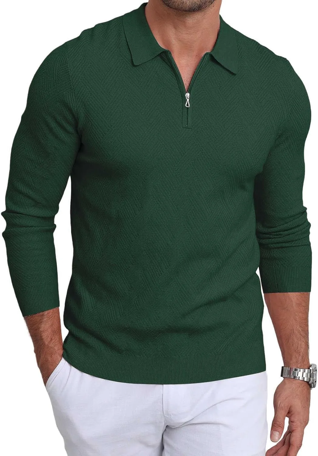 

Мужской вязаный поло с длинным рукавом Slim Fit, текстурированный воротник, молния на четверть, легкий Lexiart