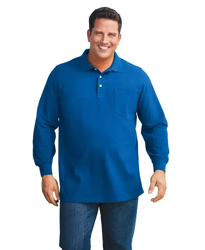 

Большая и высокая футболка-поло с длинными рукавами из хлопка, который не садится Kingsize, синий