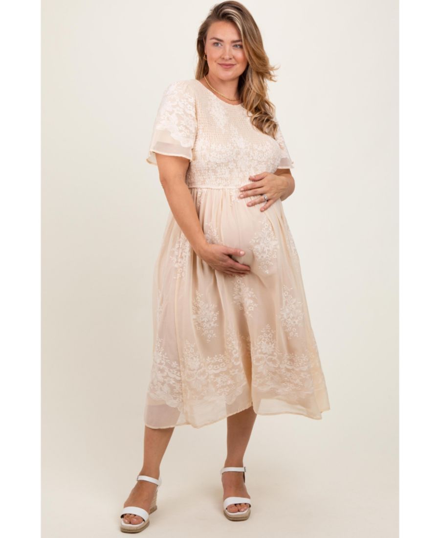 

Платье миди кремового цвета с вышивкой и сборками, большого размера Pinkblush, Cream