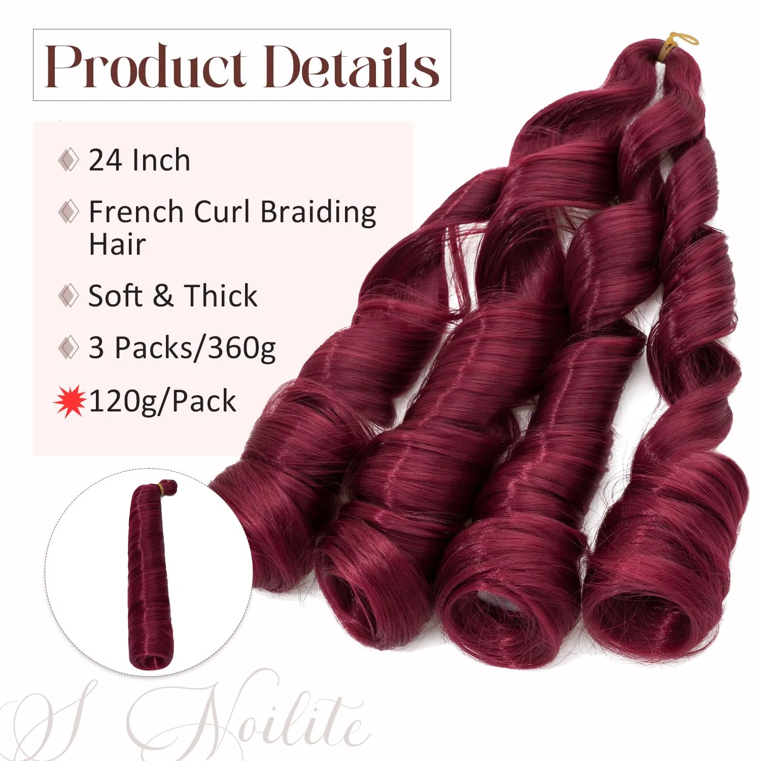 Наращивание волос S-noilite French Curl для плетения, 60 см, 3 упаковки, винно-красный S-Noilite, Wine Red — фото 2
