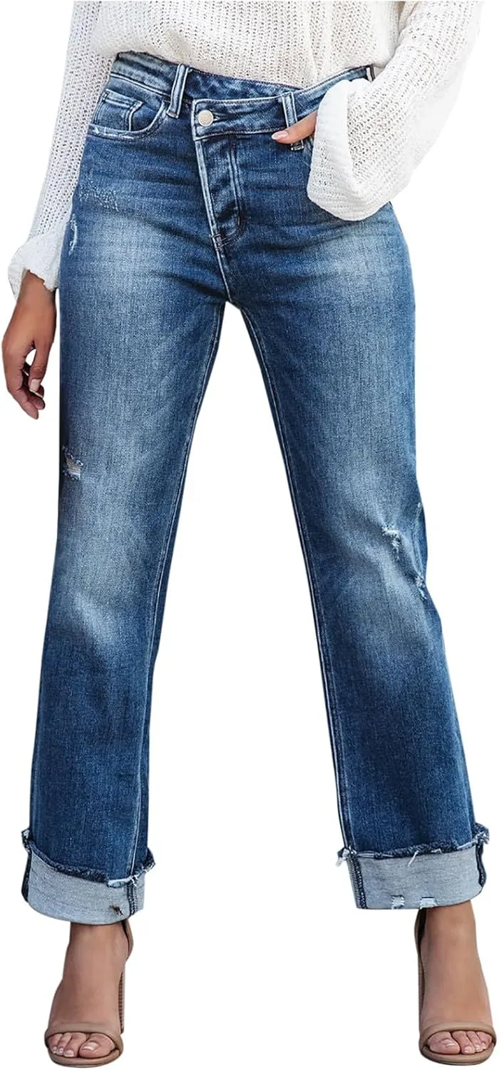 

Джинсы женские high waisted прямые boyfriend с потертостями