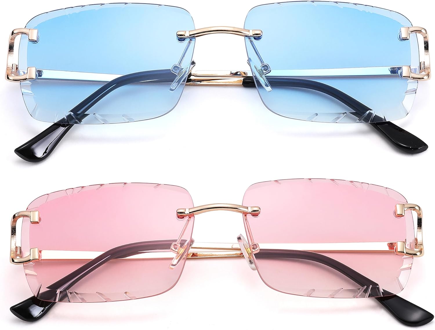 

Солнцезащитные очки Hycredi без оправы, прямоугольной формы, для мужчин и женщин - модные квадратные очки без оправы - очки с алмазной огранкой, 2 Pack - (Pink + Blue)