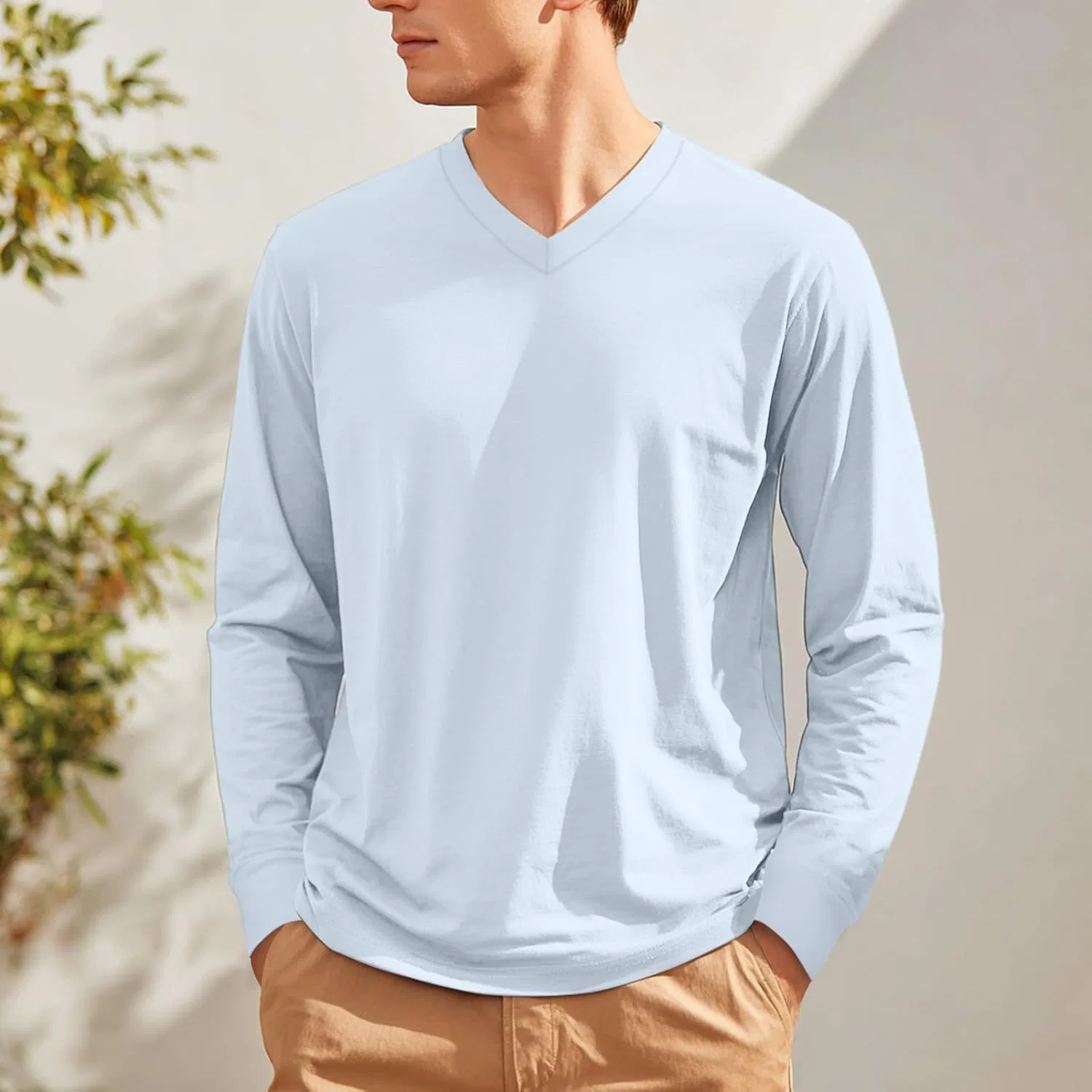 Футболка с длинным рукавом V-образным вырезом, 2-light Blue, M-3XL — фото 3
