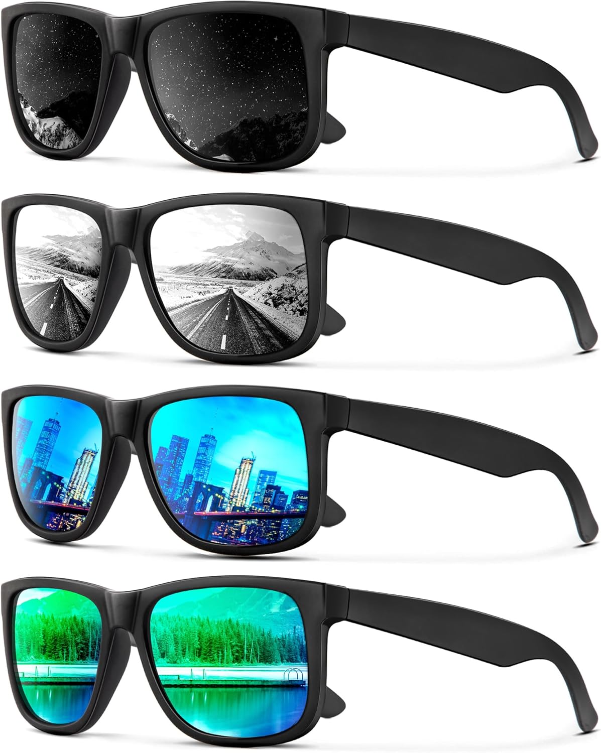 

Солнцезащитные очки KALIYADI для мужчин и женщин, поляризованные, классическая матовая черная оправа, защита от УФ-излучения, комплект из 3 штук, Black + Ice Blue + Green + Silver