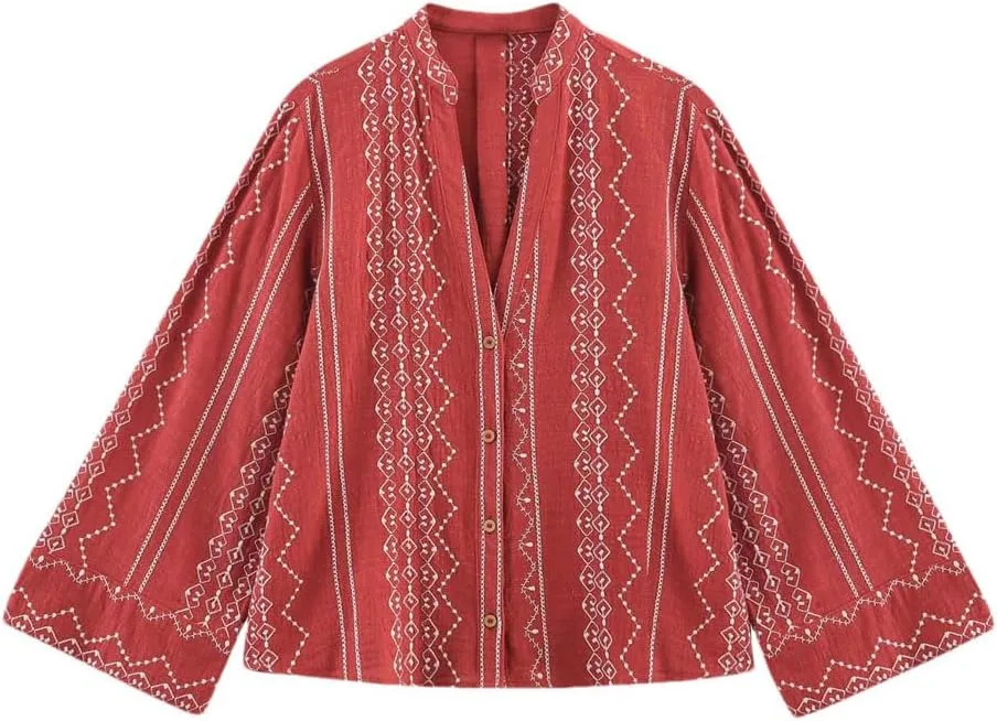 

Женская ретро рубашка с V-образным вырезом и этнической вышивкой Ornrjfll