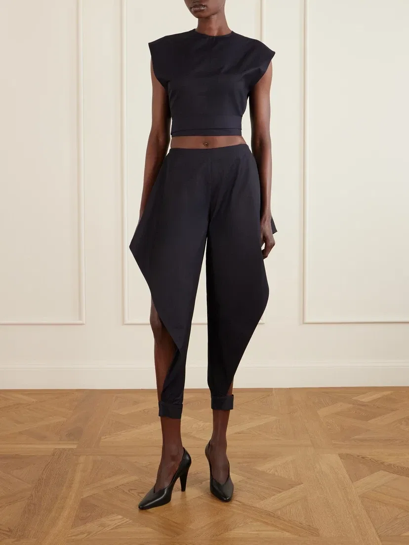 Укороченный топ из хлопкового габардина с поясом Alaïa, синий — фото 2