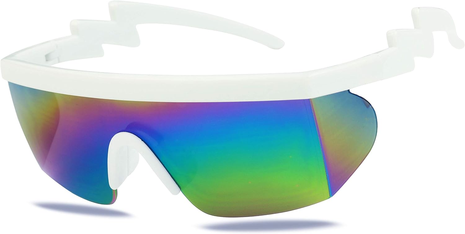 

Солнцезащитные очки ShadyVEU полуободковые, неоновые, радужные, с зеркальными линзами и защитой от УФ-излучения, в стиле ретро 80-х, с изогнутыми дужками в виде зигзага, White Frame / White Nose Pad / Rainbow Lens