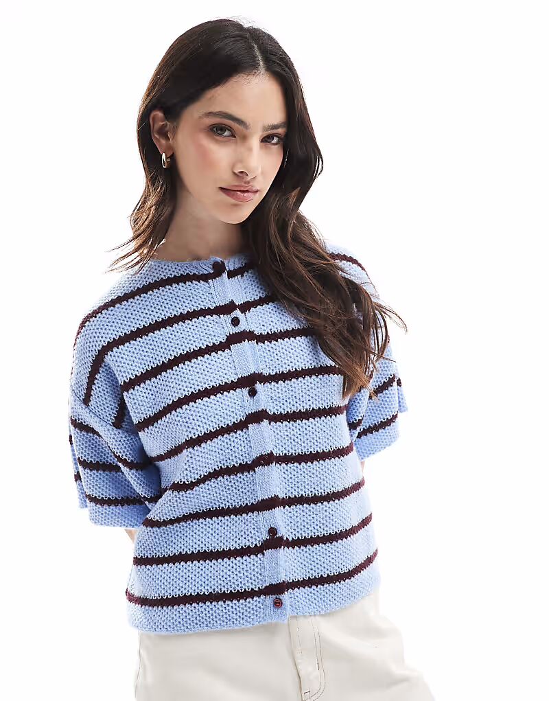 

Вязаный кардиган с короткими рукавами в полоску от ASOS DESIGN