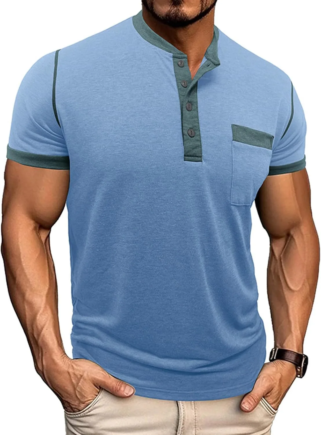 

Мужская хлопковая футболка-хенли с коротким рукавом и карманом