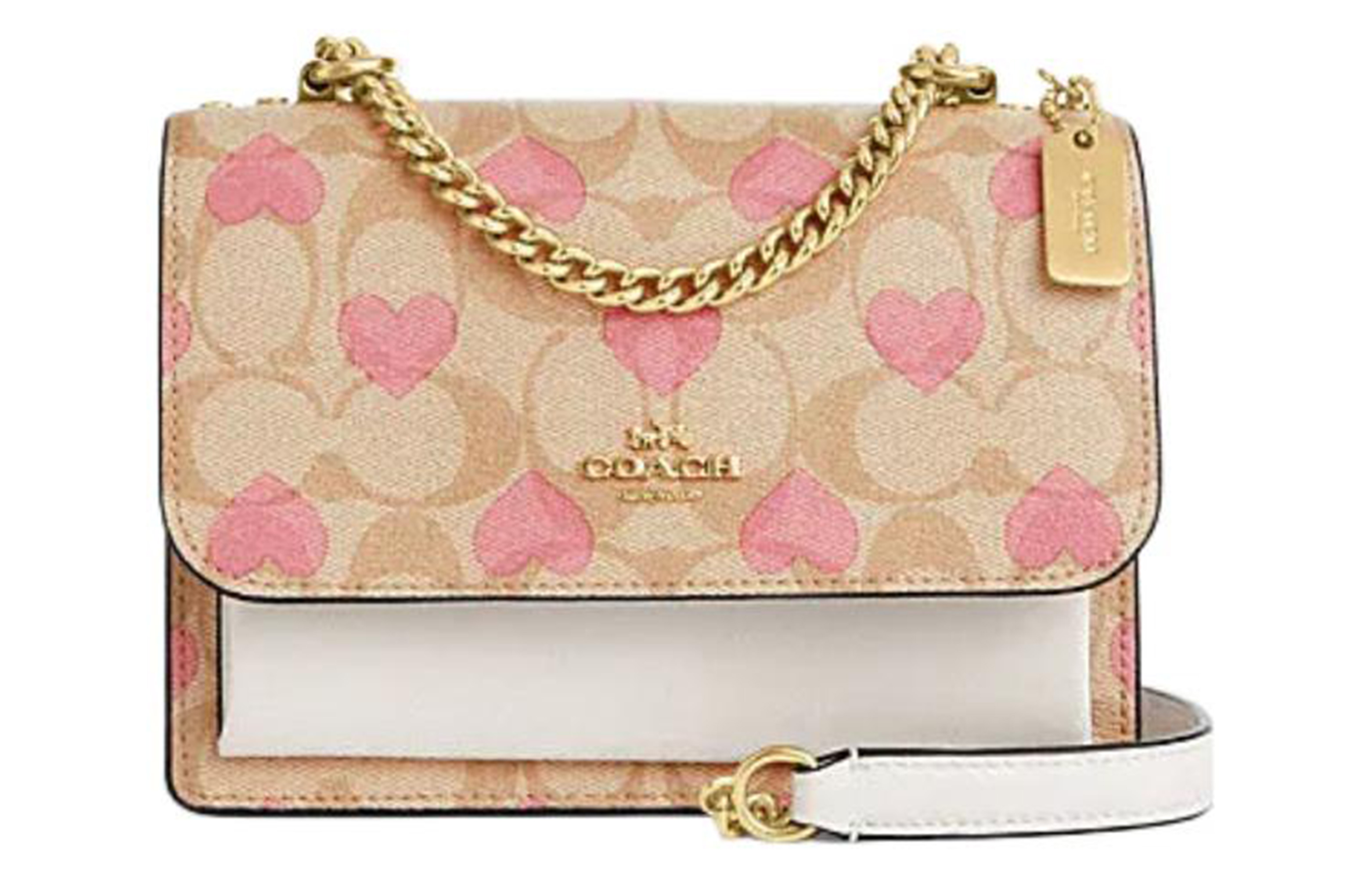 

Кожаная цепная сумка через плечо миниатюрная женская Klare Canvas от COACH в светло-бежевом и мелово-белом цветах
