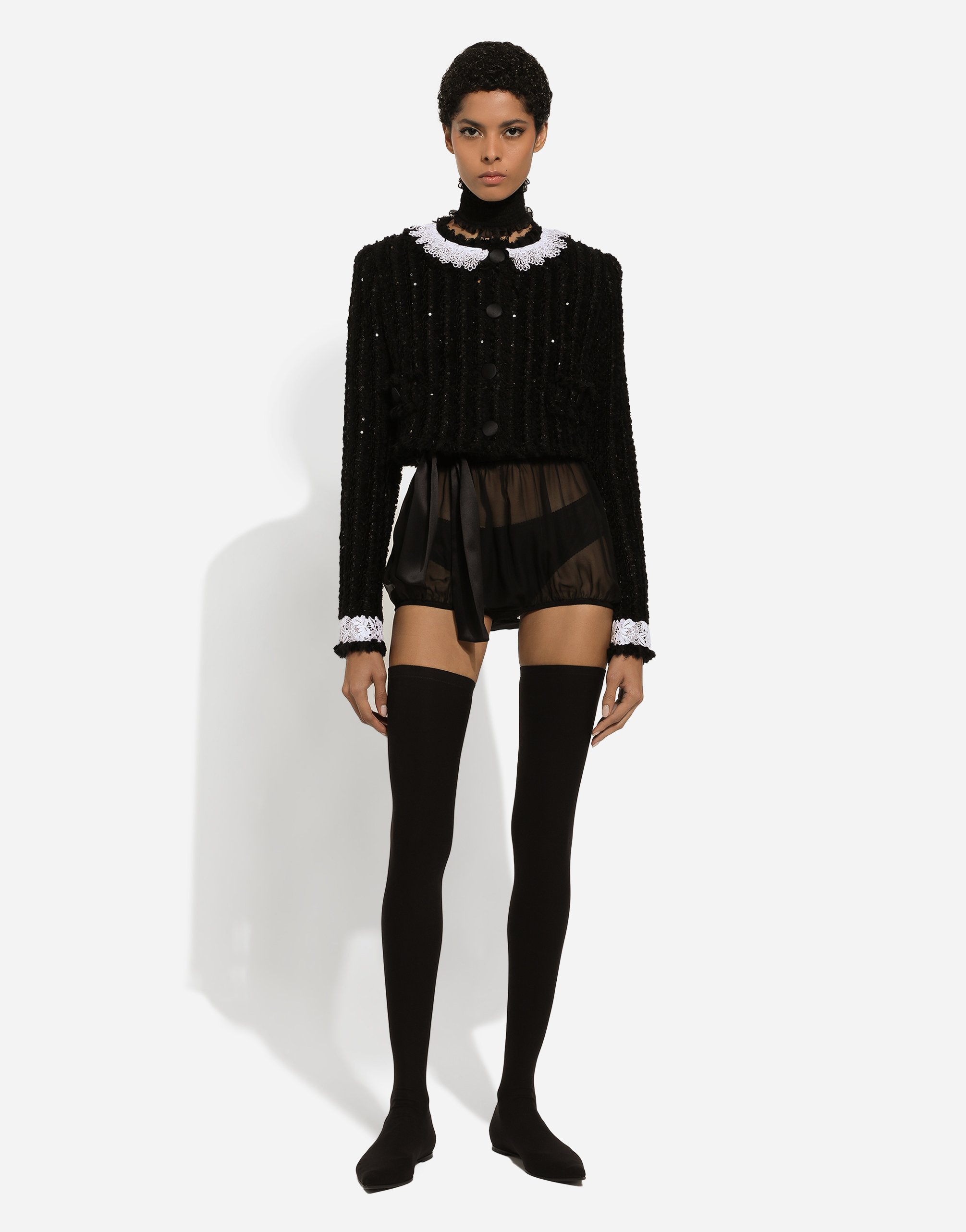 Короткий твидовый жакет с отделкой микро-пайетками Dolce & Gabbana, черный — фото 3