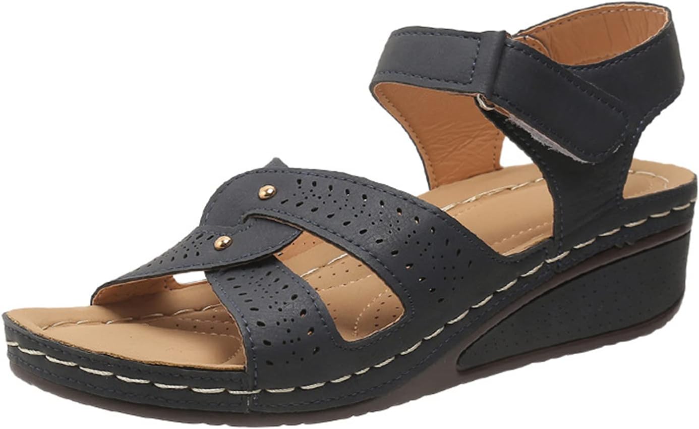 

Женские летние сандалии на танкетке, удобные, с открытым носком, элегантные сандалии на платформе, с пряжкой на щиколотке, шлепанцы для прогулок, с вырезами, дышащие платформенные сандалии Generic, темно-синий