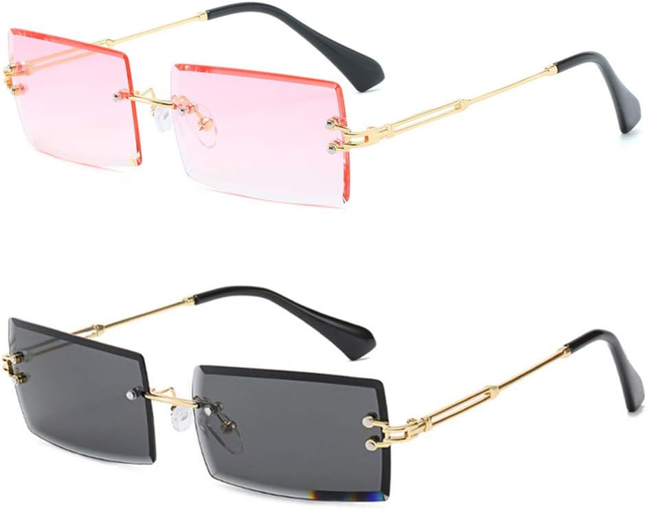 

Солнцезащитные очки LASPOR в стиле ретро, ​​без оправы, прямоугольной формы, для женщин и мужчин, с тонированными линзами, золотистая металлическая оправа, винтажные квадратные очки, Pink + Black