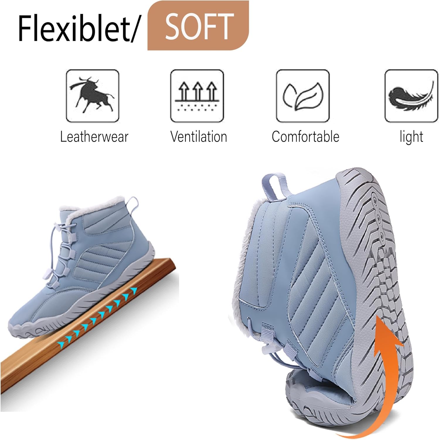 Зимние теплые ботинки Asifn Mens Barefoot с меховой подкладкой для походов, минималистичные, водонепроницаемые, противоскользящие хлопковые обувь, светло-голубой — фото 4