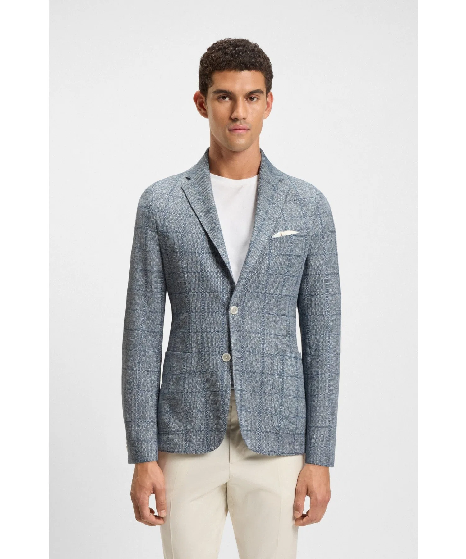 Мужской пиджак BOSS Slim Fit в клетку из смеси льна и хлопка светло-голубой