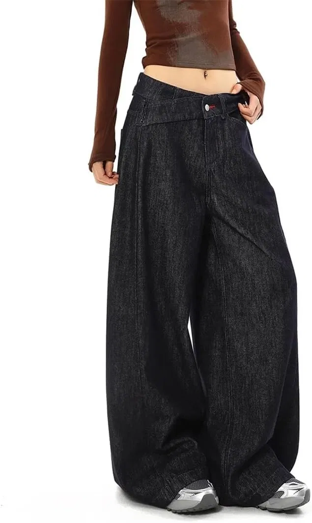 Джинсы свободные Women's Deep V Neck Loose Wide Leg High Waisted Casual Straight Leg Jeans, Black — фото 2