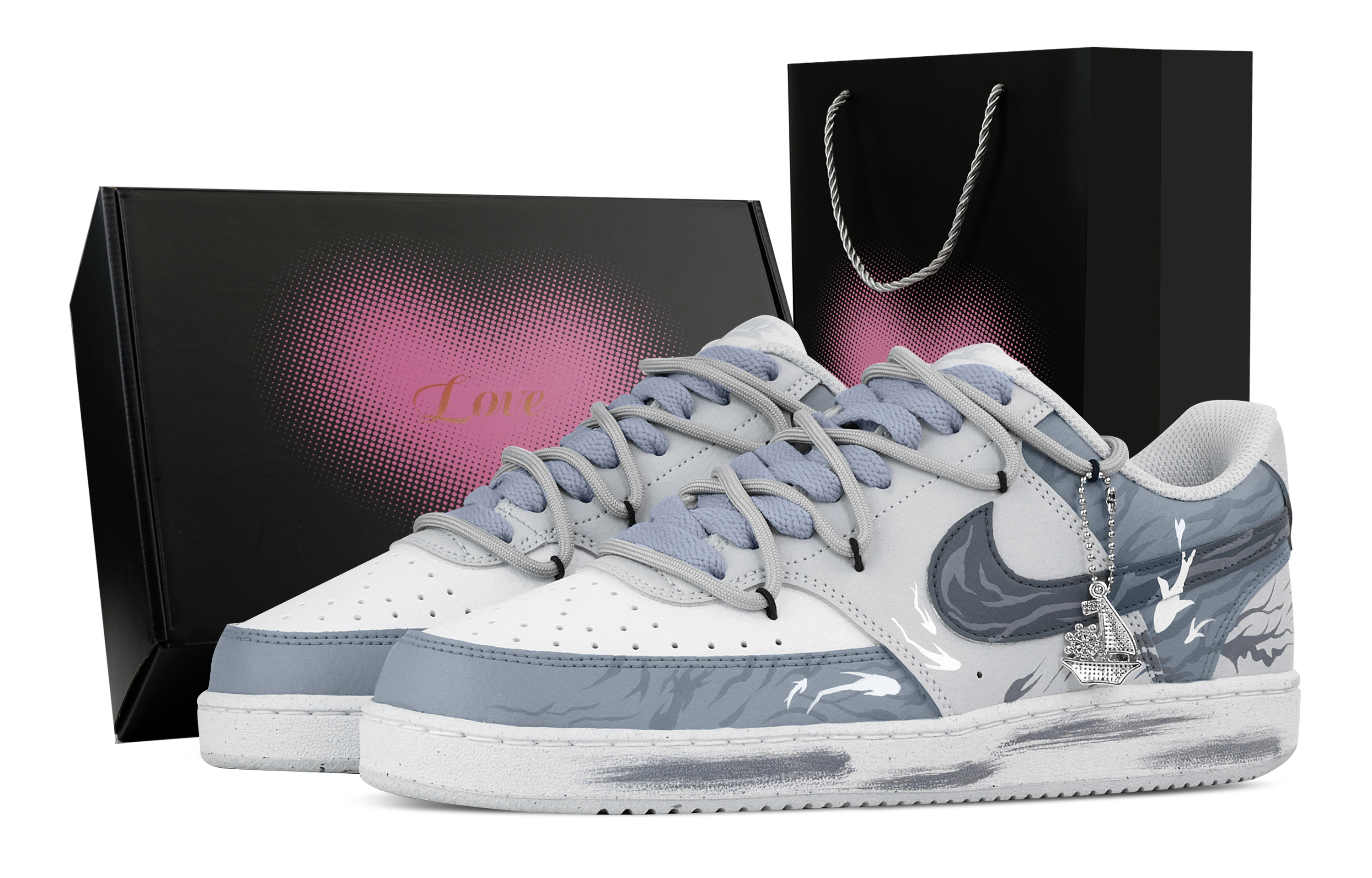 

Nike Кроссовки для скейтбординга Court Vision Ocean Current, Heart Box, износостойкие, низкие, мужские, белые, серые, синие
