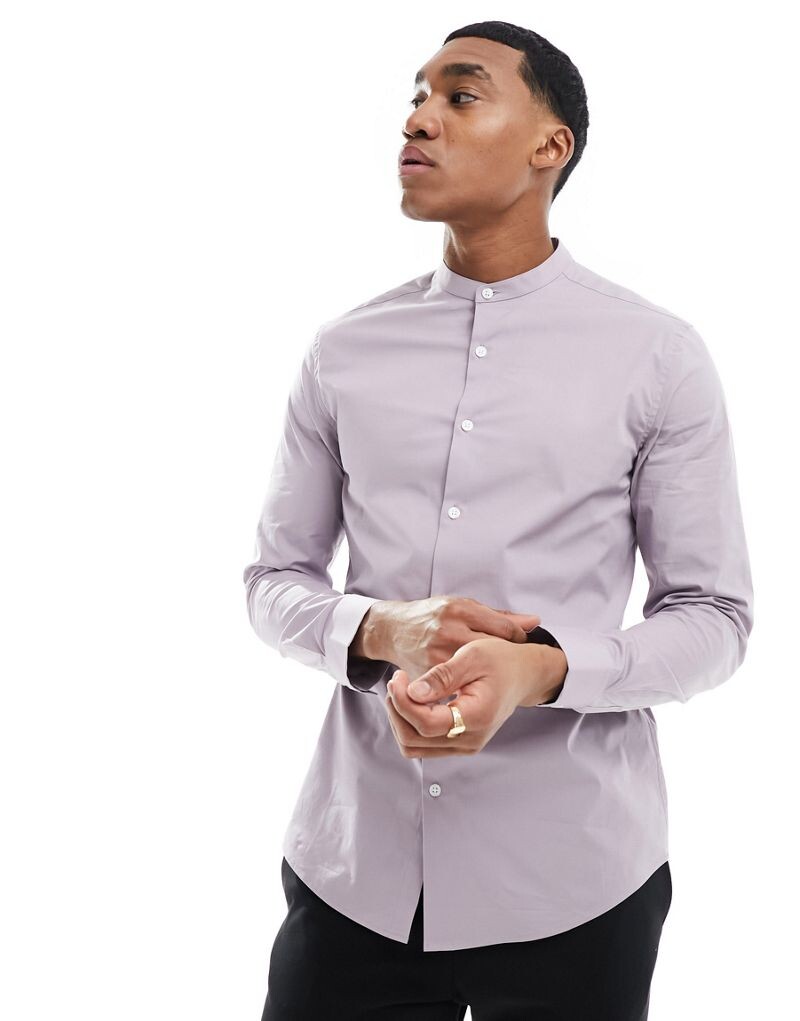 

Сиреневая рубашка узкого кроя с воротником-дедушкой ASOS DESIGN