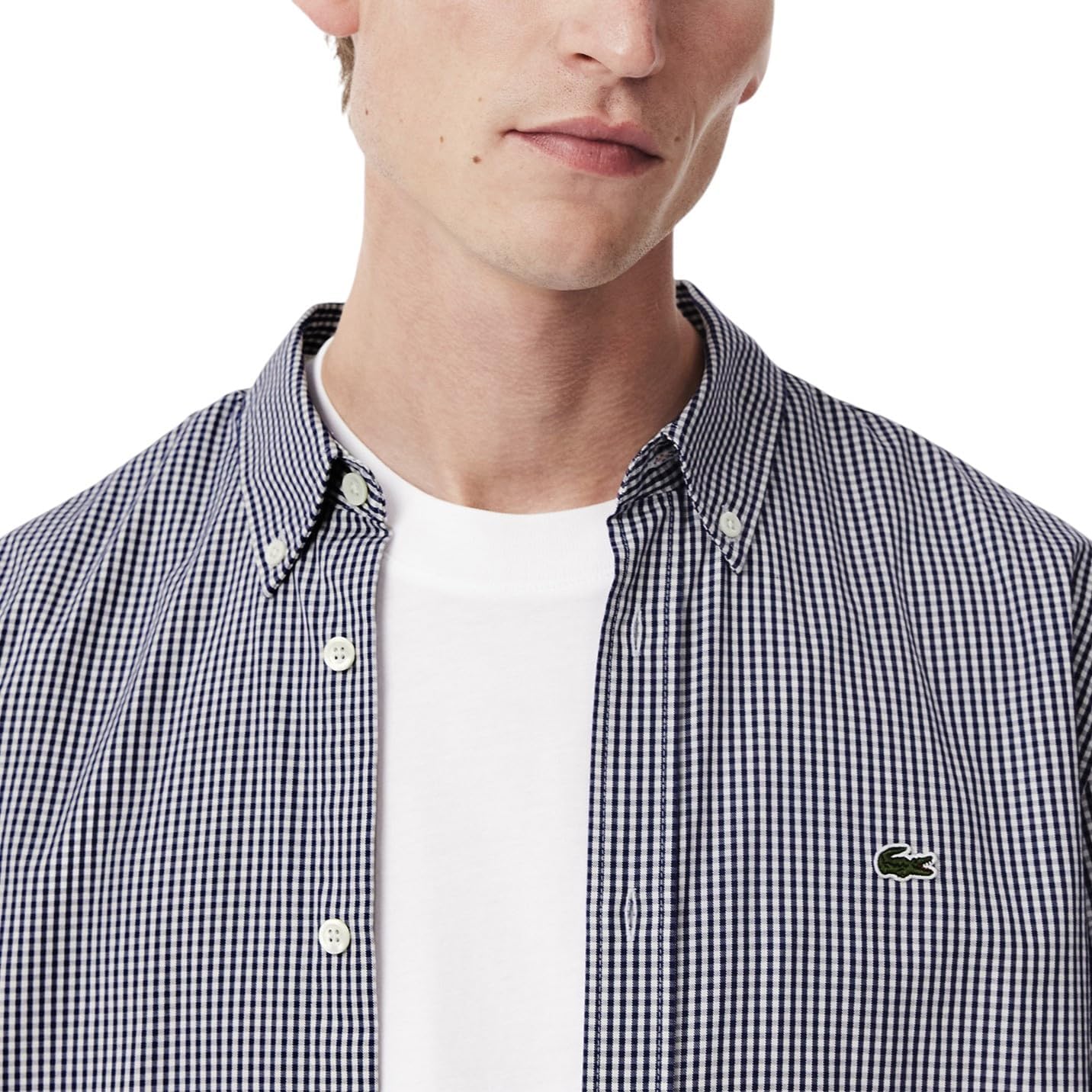 Lacoste мужская длинная рубашка в клетку Gingham на пуговицах, White/Navy Supima Cotton — фото 2