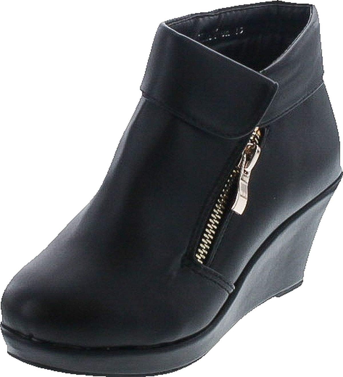 

Lucky Top BESTON Stella-6K ботильоны на платформе с клиновидным каблуком и отворотом, Black Pu