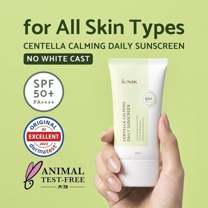 Iunik Centella Calming Vegan Moisture Spf 50+ Pa++++ Нелипкий легкий ежедневный солнцезащитный крем Reef-Safe Matte-Finish 2 унции бета-глюкана — фото 2