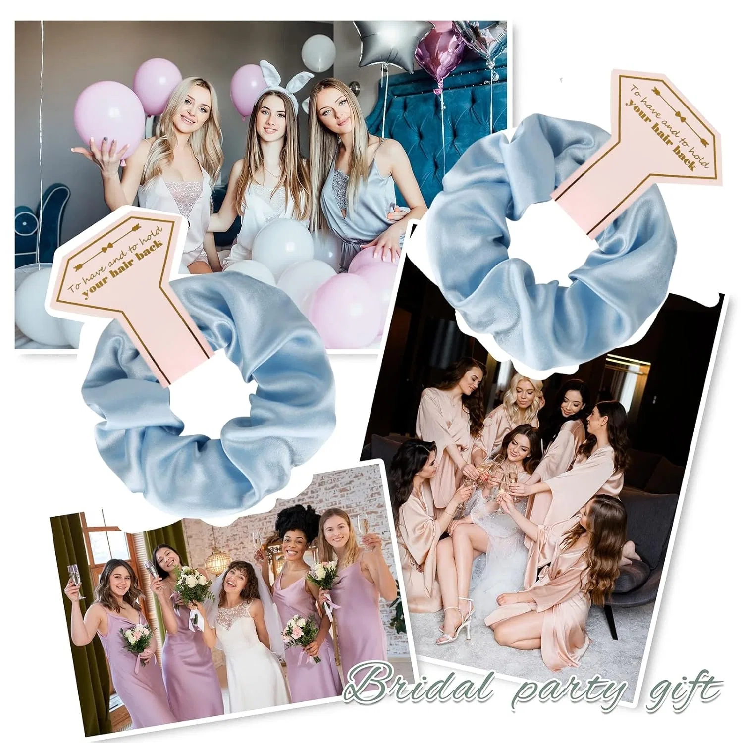 Набор атласных резинок для волос для подружек невесты (8 штук) Loanzeg, Pack Of 8, White And Dusty Blue — фото 2