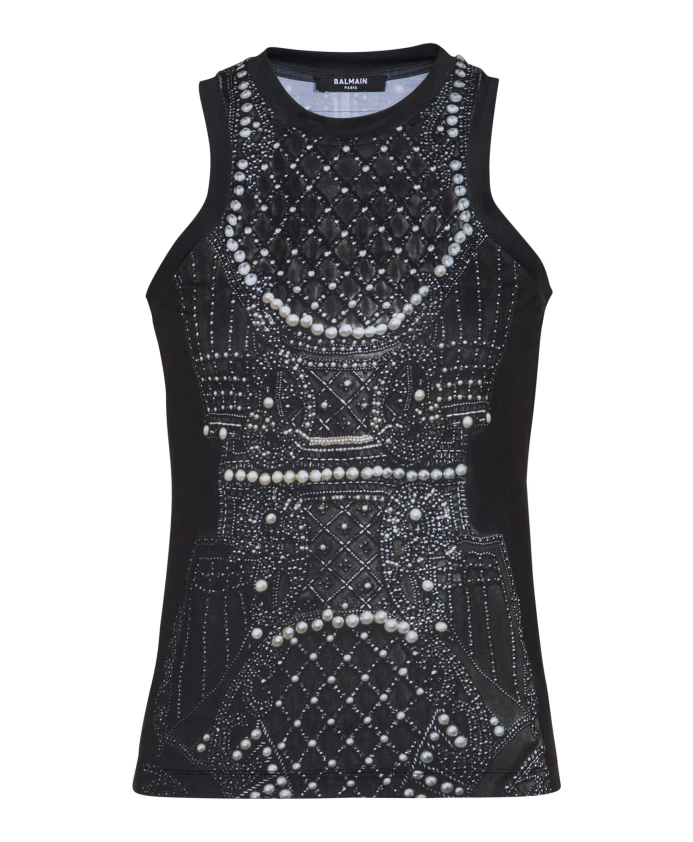 Свободная майка с вышивкой в стиле тромп-л'ойль. Balmain, черный