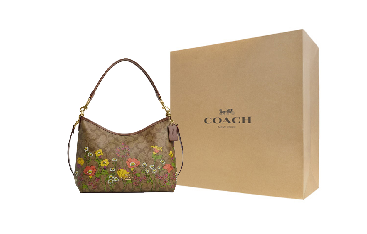 

COACH Сумка женская большая из лакированной кожи и гладкой кожи золотистого хаки и разноцветная