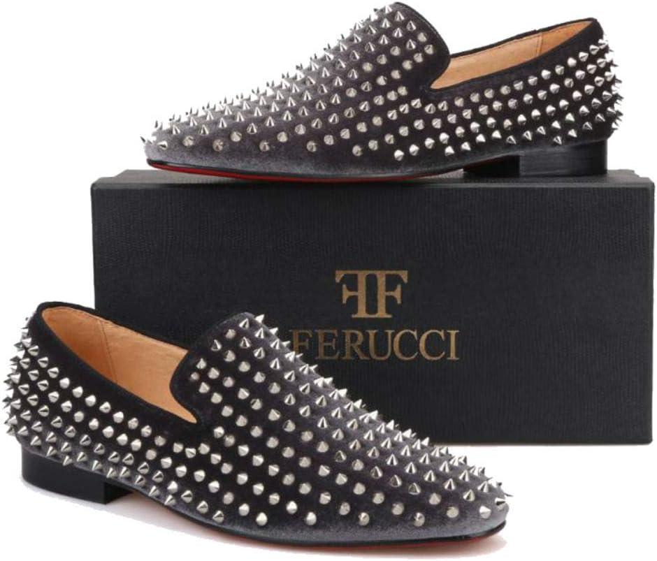 Мужские серые бархатные лоферы FERUCCI с серебряными шипами и заклепками, серый — фото 2