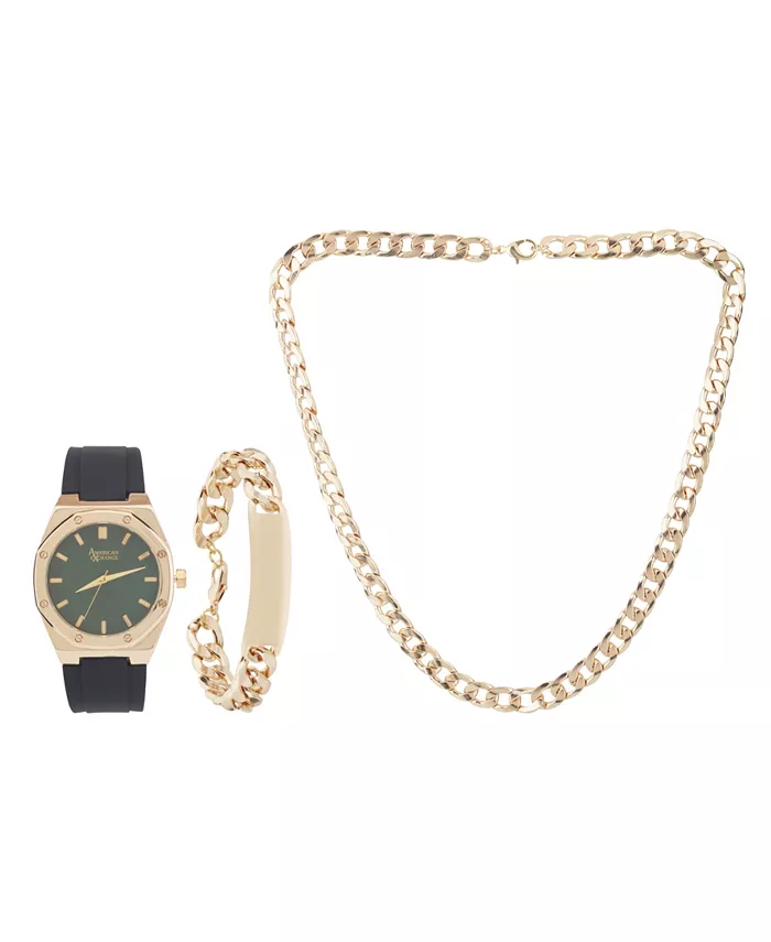 

Мужские черные аналоговые часы 42 мм с силиконовым ремешком и подарочным набором (ожерелье и браслет) American Exchange