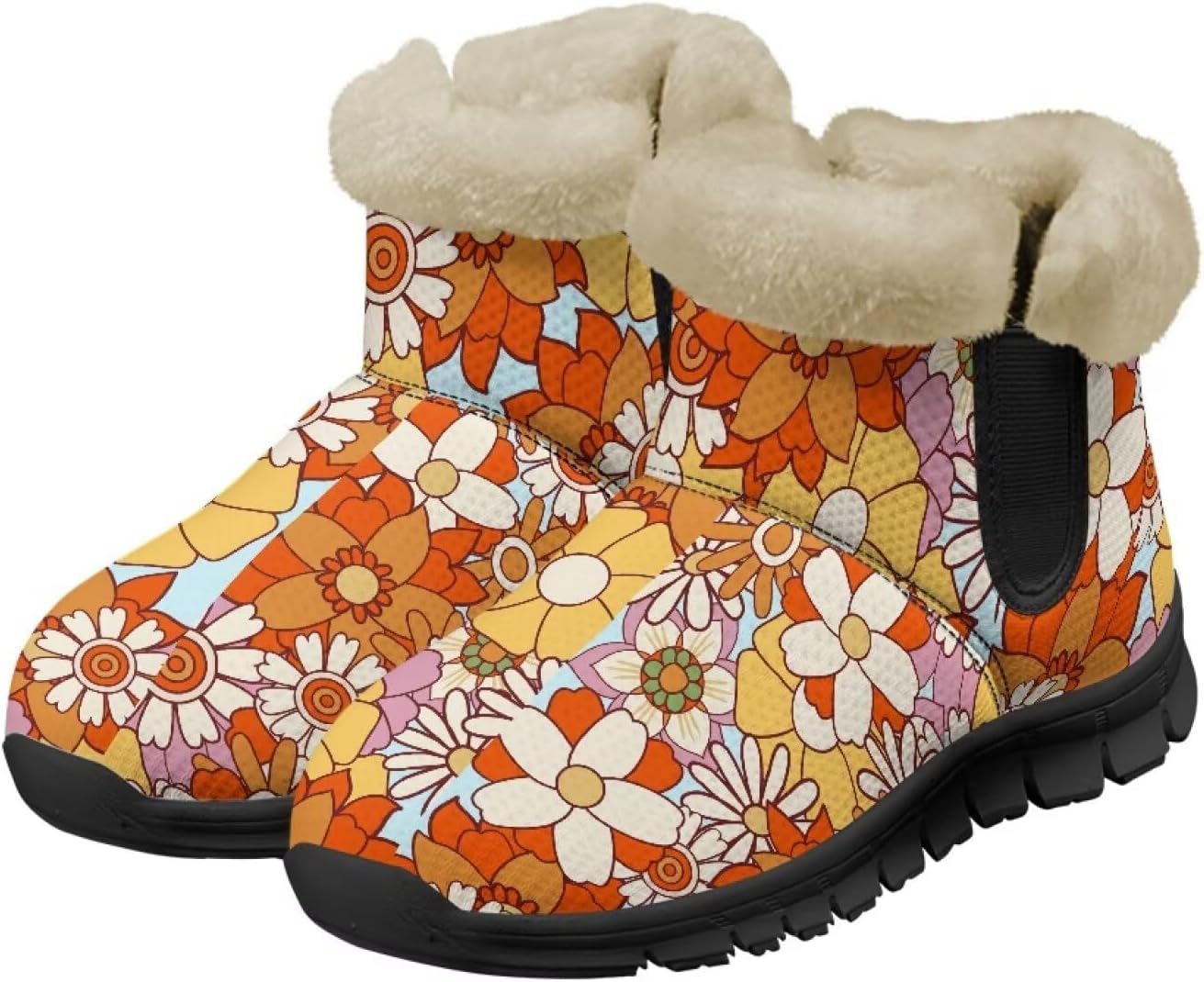 

Зимние ботинки Noprint для женщин и мужчин, снегоступы с меховой подкладкой, зимние туфли на липучке, ботильоны для прогулок на улице Noprintge, Hippie Flowers