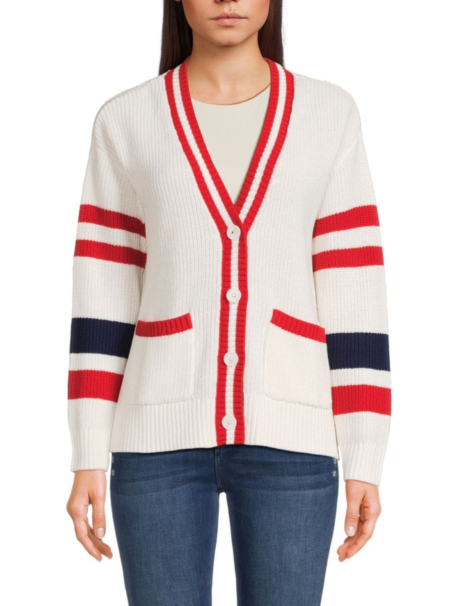 

Кардиган в полоску с ребристой вязкой Saks Fifth Avenue, цвет Frost White Red Navy