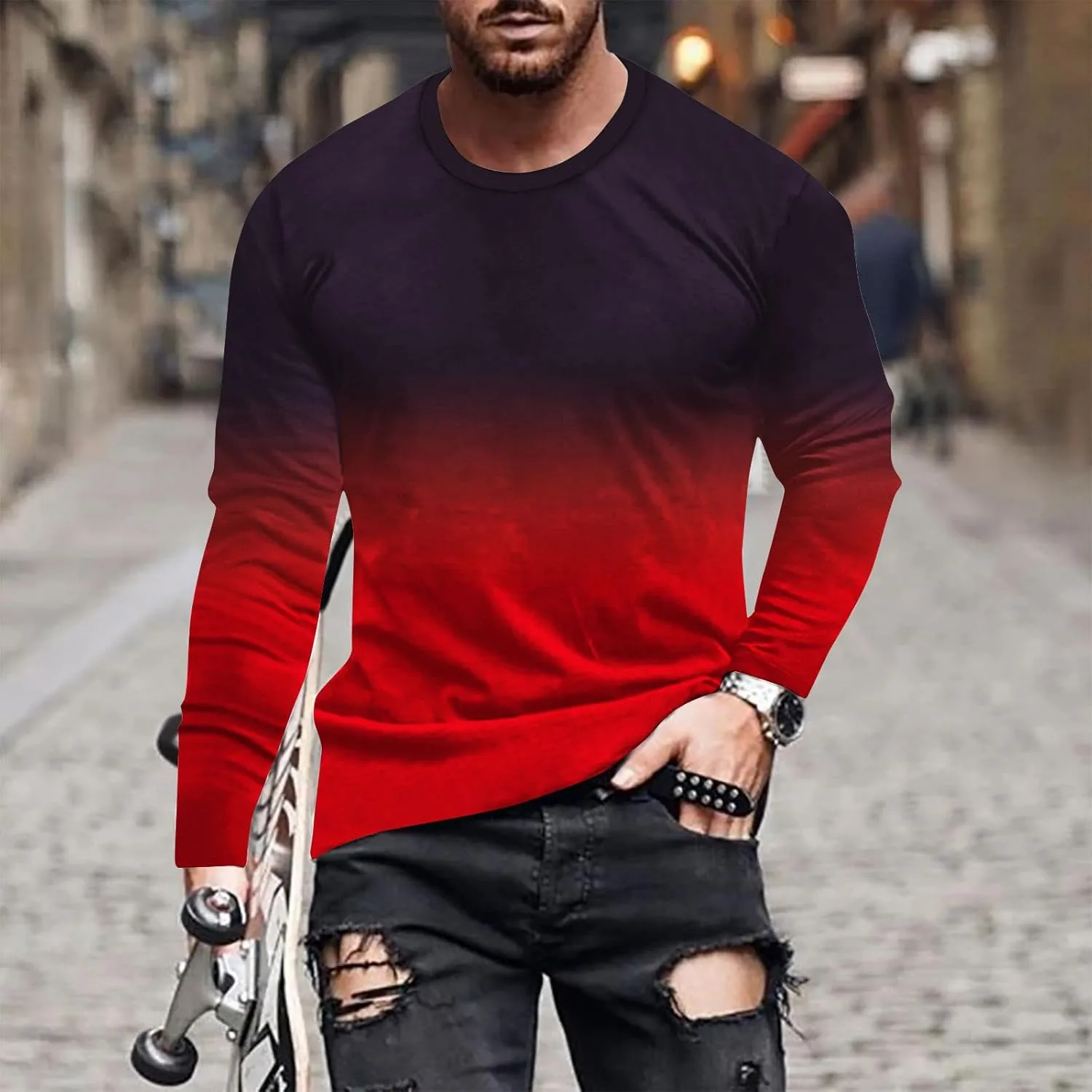 Мужская футболка с длинным рукавом Casual Ombre Color Loose Fit Graphic Tee — фото 2
