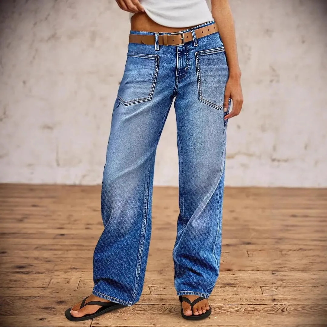 Женские джинсы Mid Waist прямого кроя, модные, тянущиеся, с накладными карманами, мешковатые, винтажные в стиле Y2K Generic, синий