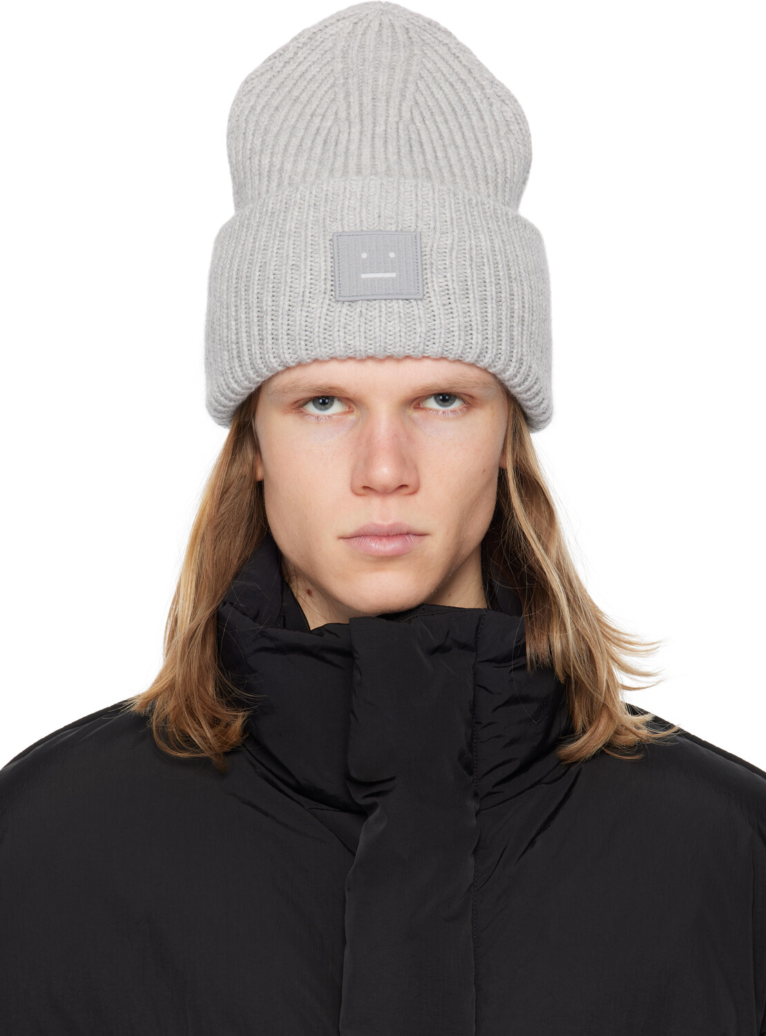

Серая шапка с большим логотипом лица Acne Studios, Light grey melange