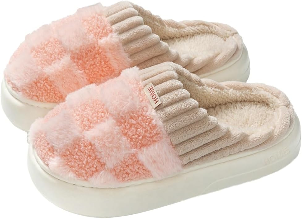 

Плюшевые тапочки для женщин и мужчин с клетчатой манжетой, теплые пушистые флисовые тапочки с эффектом памяти, уютная клетчатая домашняя обувь с противоскользящей подошвой Caistre, розовый