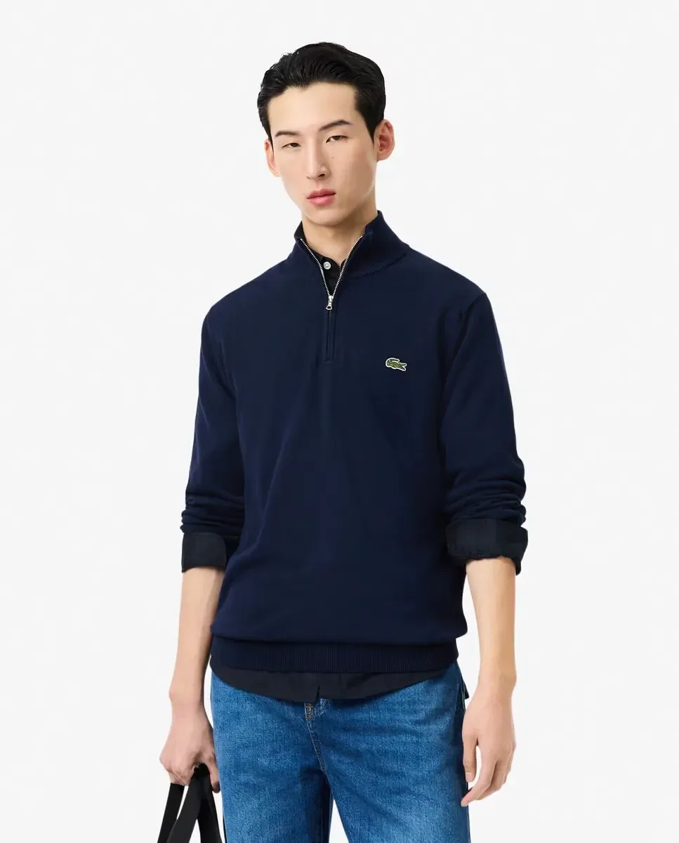 Мужской хлопковый джемпер с высоким воротником на молнии Lacoste, темно-синий