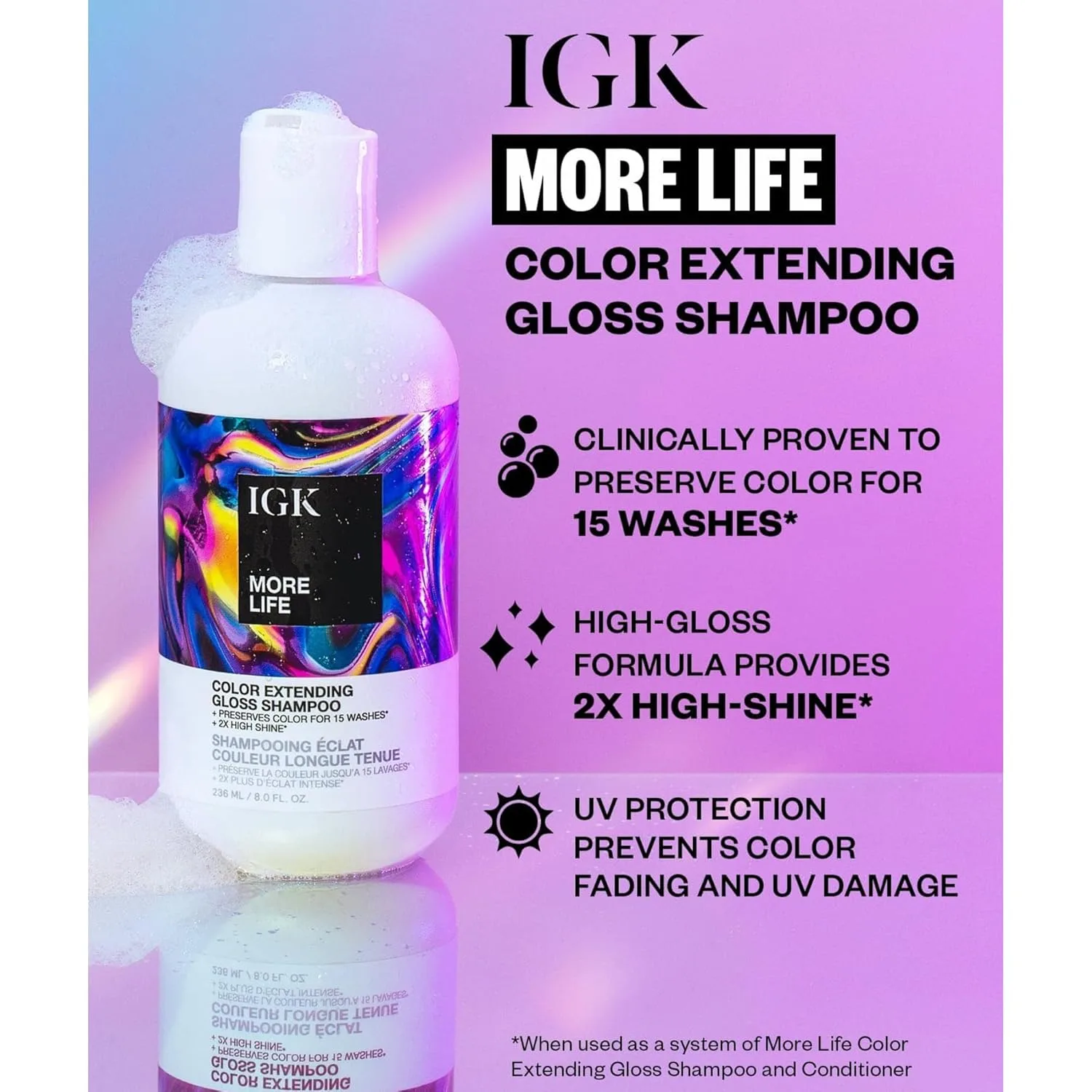 IGK MORE LIFE Color Extending Gloss Shampoo для сохранения цвета и блеска волос, 1000 мл, This color extending gloss shampoo helps bring back shine to color-treated hair that looks faded — фото 2