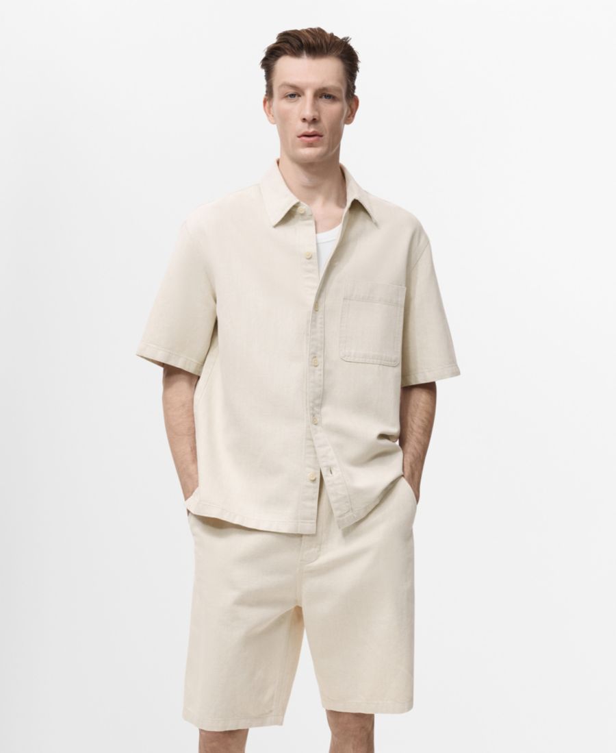 

Мужская рубашка с коротким рукавом из льняной смеси MANGO, Ecru