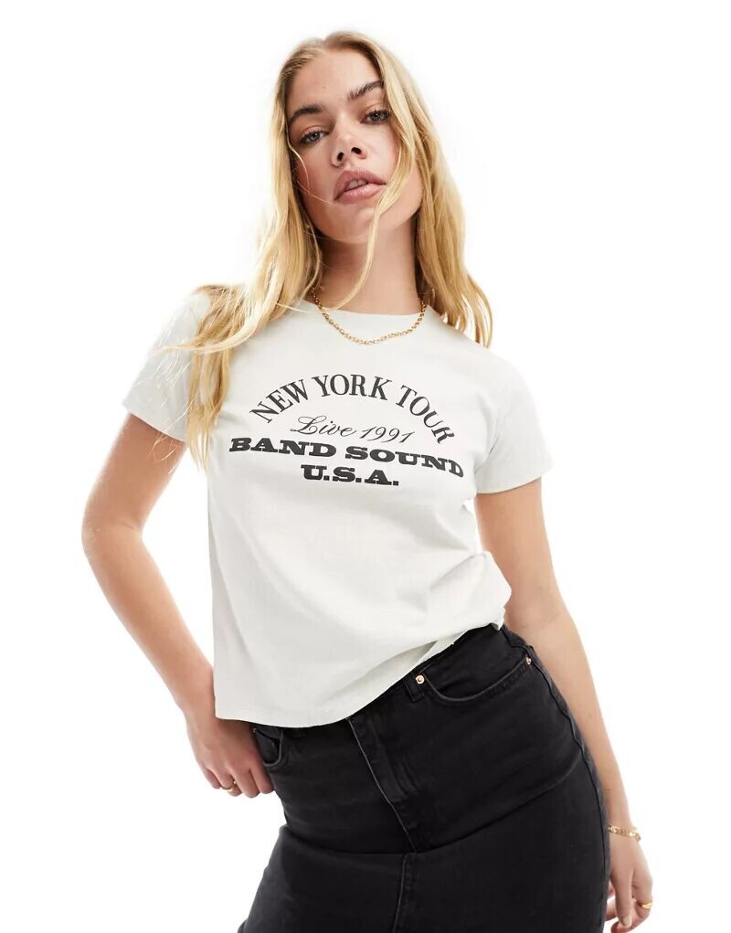 

Футболка цвета экрю Pull&Bear с графикой New York Tour, Коричневый, Футболка цвета экрю Pull&Bear с графикой New York Tour