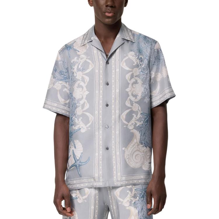 Барочная морская принтованная короткая рубашка VERSACE, синий — фото 4