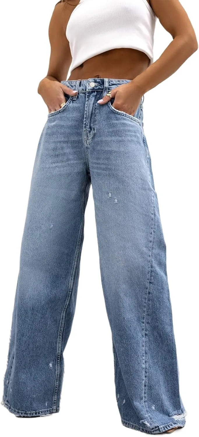 

Женские джинсы High Waist Bell Bottom Stretchy Distressed Blue