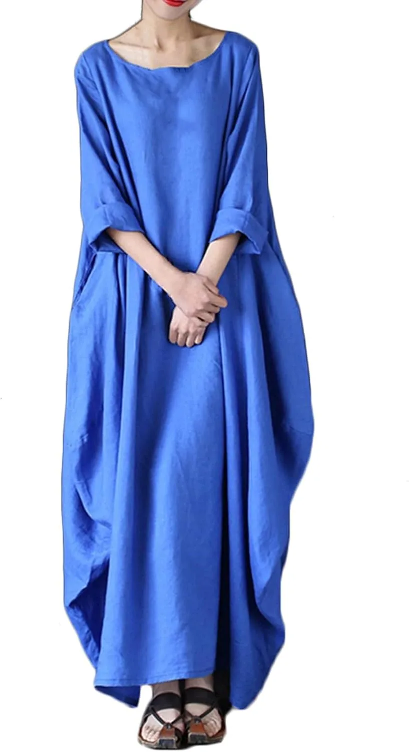 Oversized летнее макси-платье для женщин с длинным рукавом и круглым вырезом, цельнокроеное, мешковатое, легкое пляжное платье Generic, синий
