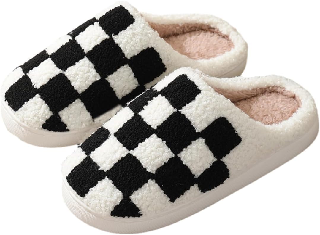 

Женские и мужские ретро-теплые пушистые домашние тапочки с лицевой отделкой, мягкие и уютные, с клетчатым узором, милые, стираемые, с удобной посадкой, для дома зимой Sxlingdo, черный