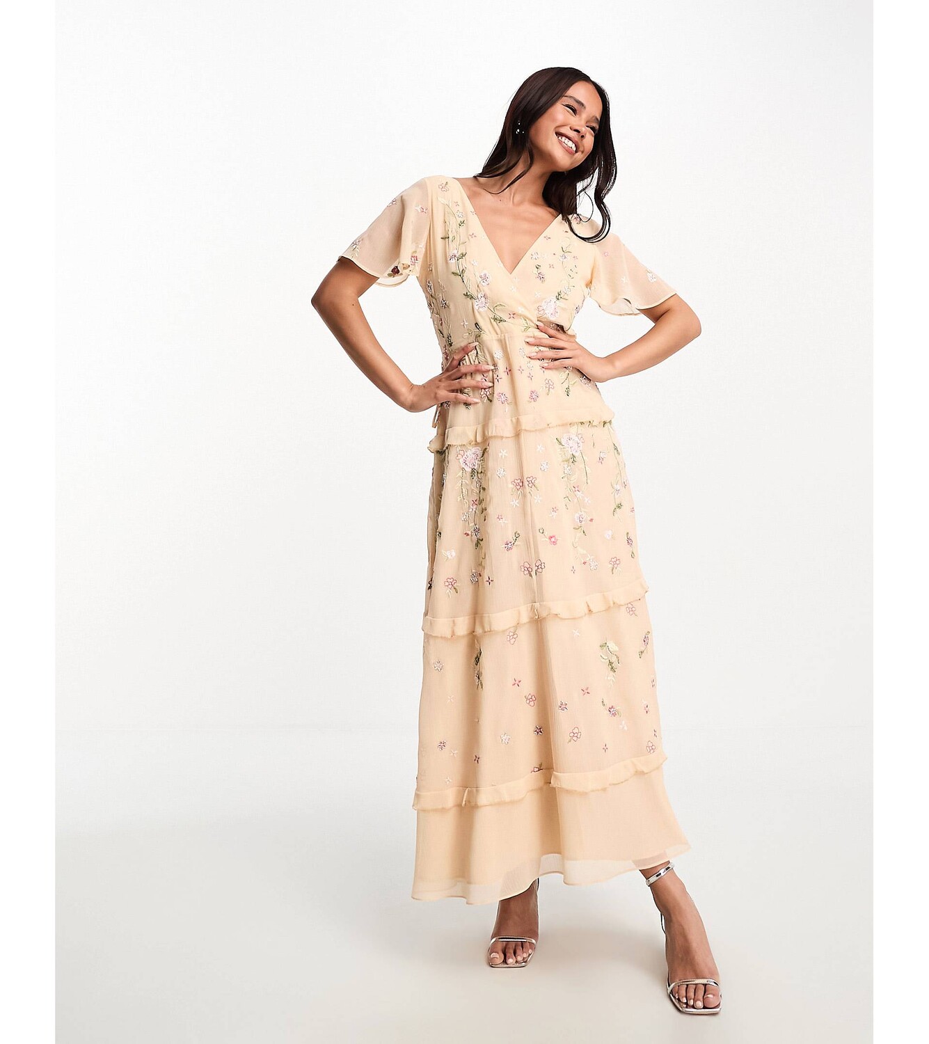 

Абрикосовое платье миди с запахом и вышивкой ASOS DESIGN Bridesmaid Bridesmaid