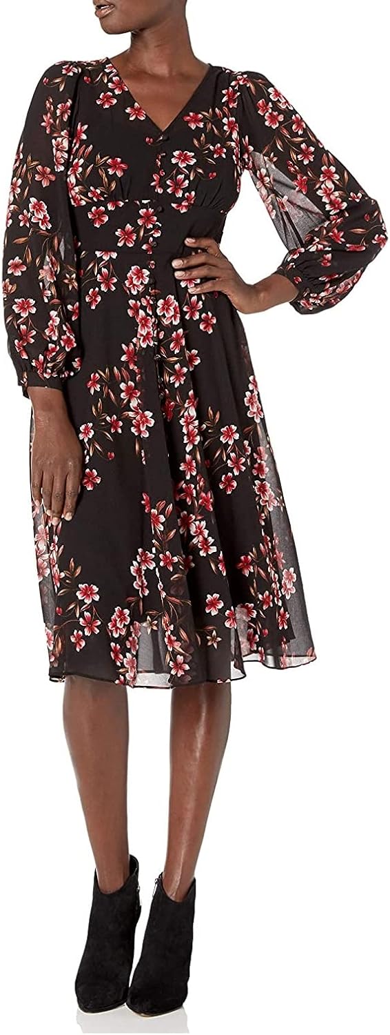 

Женское шифоновое платье Calvin Klein с длинными рукавами, V-образным вырезом и пуговицами, Red Multi