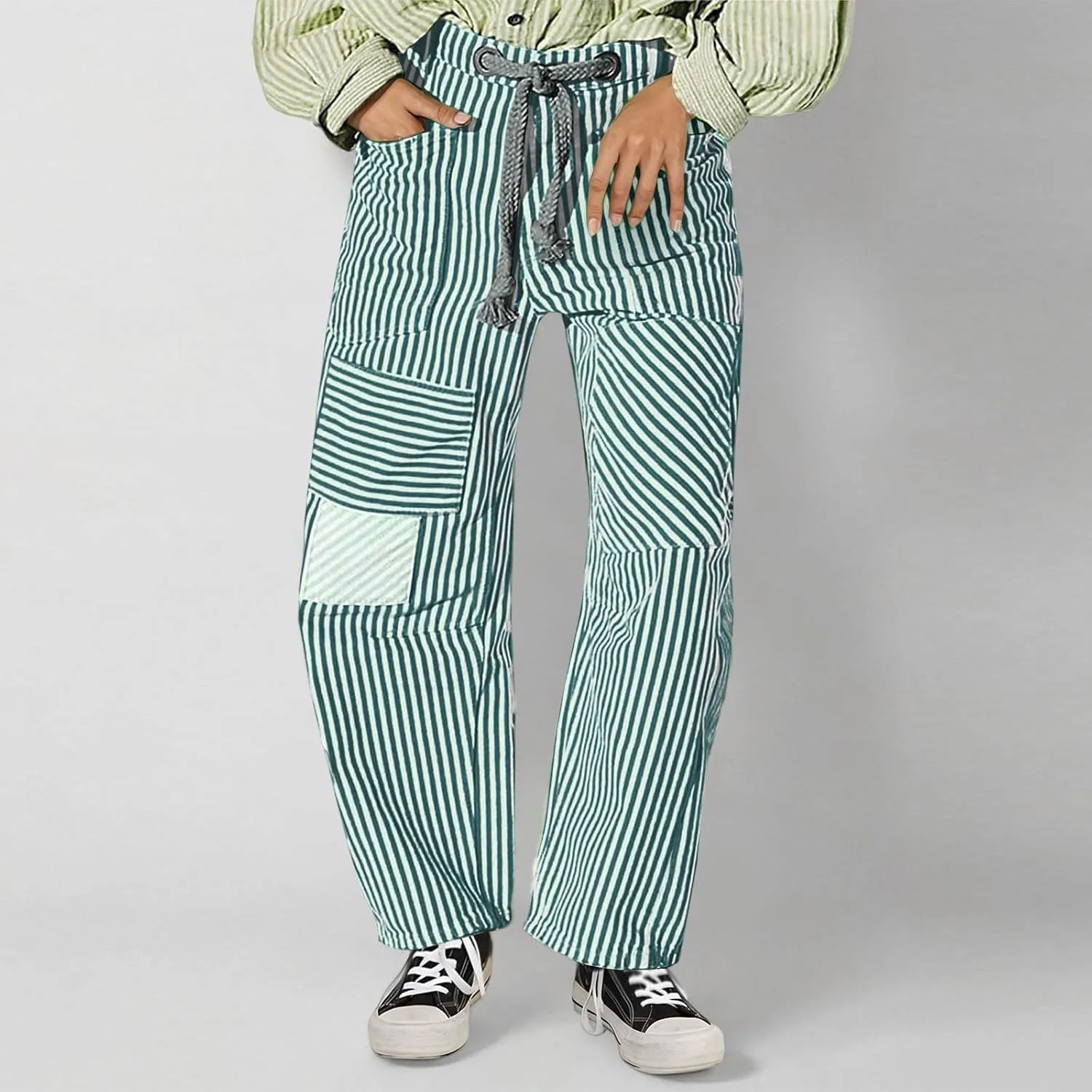 Женские брюки Classic Stripe Print с модным пэчворком, на шнурке, с высокой талией, широкие, с карманами Generic, зеленый — фото 2