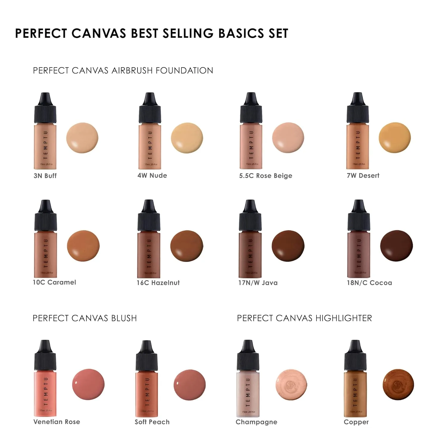 Набор TEMPTU Perfect Canvas Airbrush Foundation, Blush, Highlighter: стойкий макияж, регулируемая плотность покрытия | Для увлажненной и здоровой кожи | Полуматовый, естественный финиш — фото 2